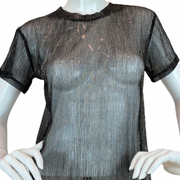 Bar III Sheer Knit Metallic Short Sleeve Crew Neck Blouse - Picture 5 of 9